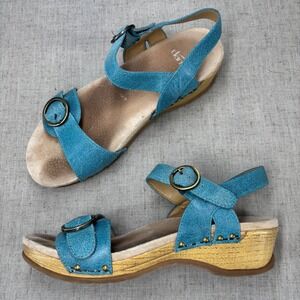 Dansko Tricia Clog Teal Blue Leather Studded Wedge Sandals Bright Women's EU 38